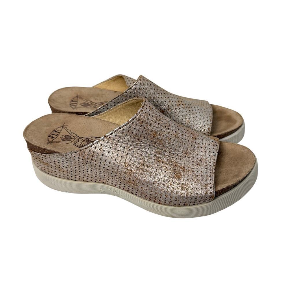 Fly London Whin 176 Fly Wedge Slide Sandals Womens Size 8 Metallic
